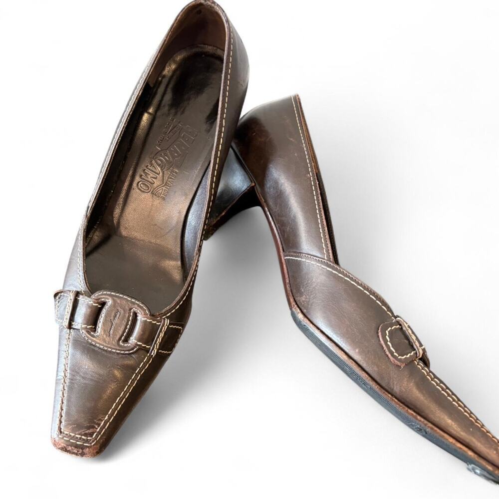 Ferragamo vintage Y2K chocolate brown leather kitten heels sz 8 - Picture 7 of 8